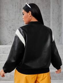SHEIN EZwear Hơn Khối màu Thả vai chất liệu da PU Áo khoác bomber - màu đen - Xem 2