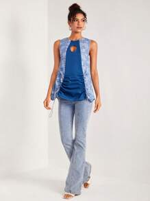 YONGYI 设计师波西米亚风蝴蝶和格子印花镂空褶皱前衬衫，适合夏季、假日、度假、春季、海滩、节日、伊比沙岛