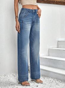 SHEIN Essnce Cat Whisker Slant Pocket Jeans - Medium Wash - View 4