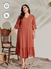 Mulvari Talla grande Vestido smock de manga amplia bajo con fruncido schiffy - Naranja - Ver 1