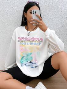 SHEIN EZwear 大碼汽車和字母圖案落肩袖運動衫 - 白色 - 查看 3