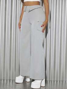 SHEIN SXY Flap Pocket Wide Leg Pants - Grey - View 12