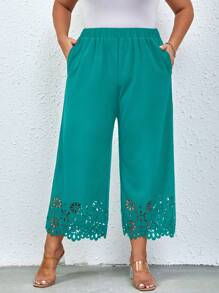 SHEIN Clasi Plus Laser Cut Out Wide Leg Pants - Green - View 1