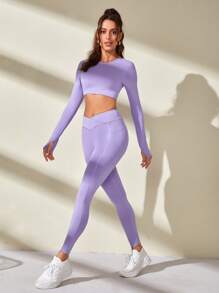 Solid Thumbholes Sports Set With Phone Pocket - Mauve Purple - View 3