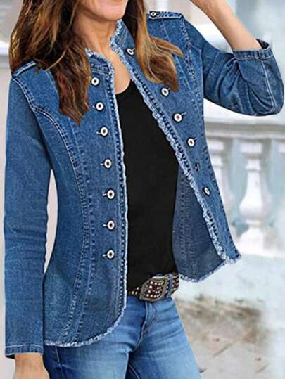 Damen Frühling/Herbst Denim Jacke mit Knopfleiste, Patchwork und Fransensaum, Langarm, lässiger Streetwear Stil