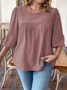 SHEIN LUNE 大碼網眼刺繡燈籠袖T恤 - 藕粉色 - 查看 4