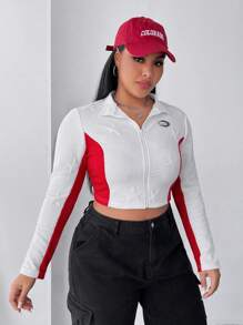 SHEIN EZwear Hơn Chi tiết Patched thư Khối màu Dây kéo Áo Jacket Crop - trắng - Xem 4