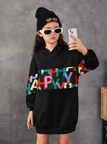 SHEIN Áo nỉ dài tay rộng rãi dành cho bé gái tuổi teen, in chữ nhiều màu sắc. - màu đen - Xem 1