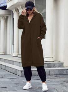 SHEIN Unity 落肩袖開門襟連帽長款運動衫 - 咖啡棕 - 查看 7