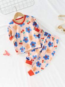 Young Girl Floral Print Contrast Trim PJ Set - Baby Pink - View 1