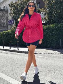 EURMUSE Snap Button Front Belted Quilted Coat - Hot Pink - View 6