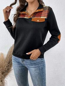 SHEIN LUNE Plaid Print Polo Neck Sweatshirt - Black - View 5