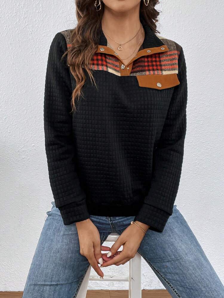 Plaid Print Polo Neck Sweatshirt