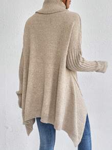 EMERY ROSE Turtleneck Drop Shoulder Asymmetrical Hem Sweater,Long Sleeve Tops Knit Pullover Fall Winter Outfit - Khaki - View 2
