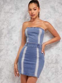 SHEIN Unity Tube Bodycon Stripe Seam Denim Dress - Medium Wash - View 4