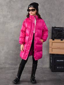 SHEIN Cô gái Tween Thanh lịch Phong cách Tay áo dài Chiều dài trung bình Dày lên Áo khoác Với Đổ đầy Thích hợp Cho mùa đông - Màu Hồng Tươi - Xem 3