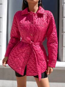 EURMUSE Snap Button Front Belted Quilted Coat - Hot Pink - View 1