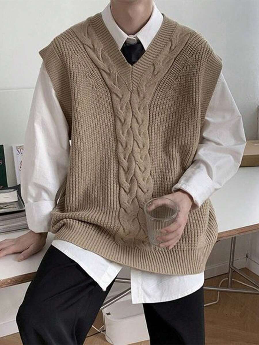 Manfinity Hypemode Nam Xoắn Dan Áo len vest Không có áo sơ mi - Màu Khaki - Xem 1