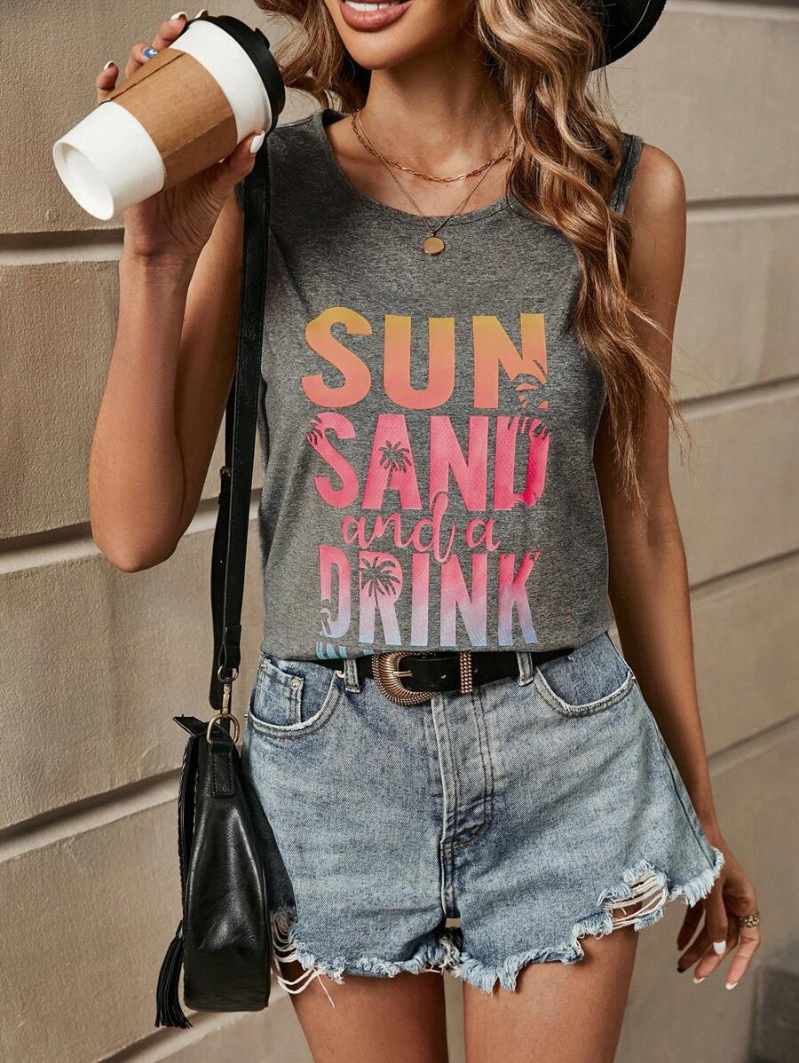 SHEIN LUNE Đồ họa Khẩu hiệu Áo ba lỗ - Xám - Xem 1