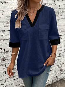 EMERY ROSE Contrast Trim Flap Pocket Blouse - Navy Blue - View 3