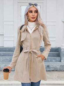 Firerie Flap Detail Belted Zip Up Coat In Fall/Winter - Khaki - View 4