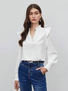 BizChic Notched Neck Ruffle Trim Blouse - White - View 4