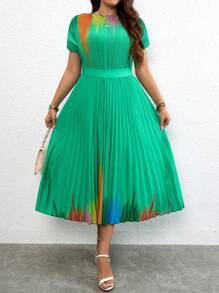 SHEIN Clasi Váy chữ A xếp ly viền màu Plus cho mùa hè - màu xanh lá - Xem 1