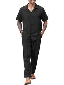 Men Solid Lapel Neck Shirt & Drawstring Waist Pants - Black - View 4