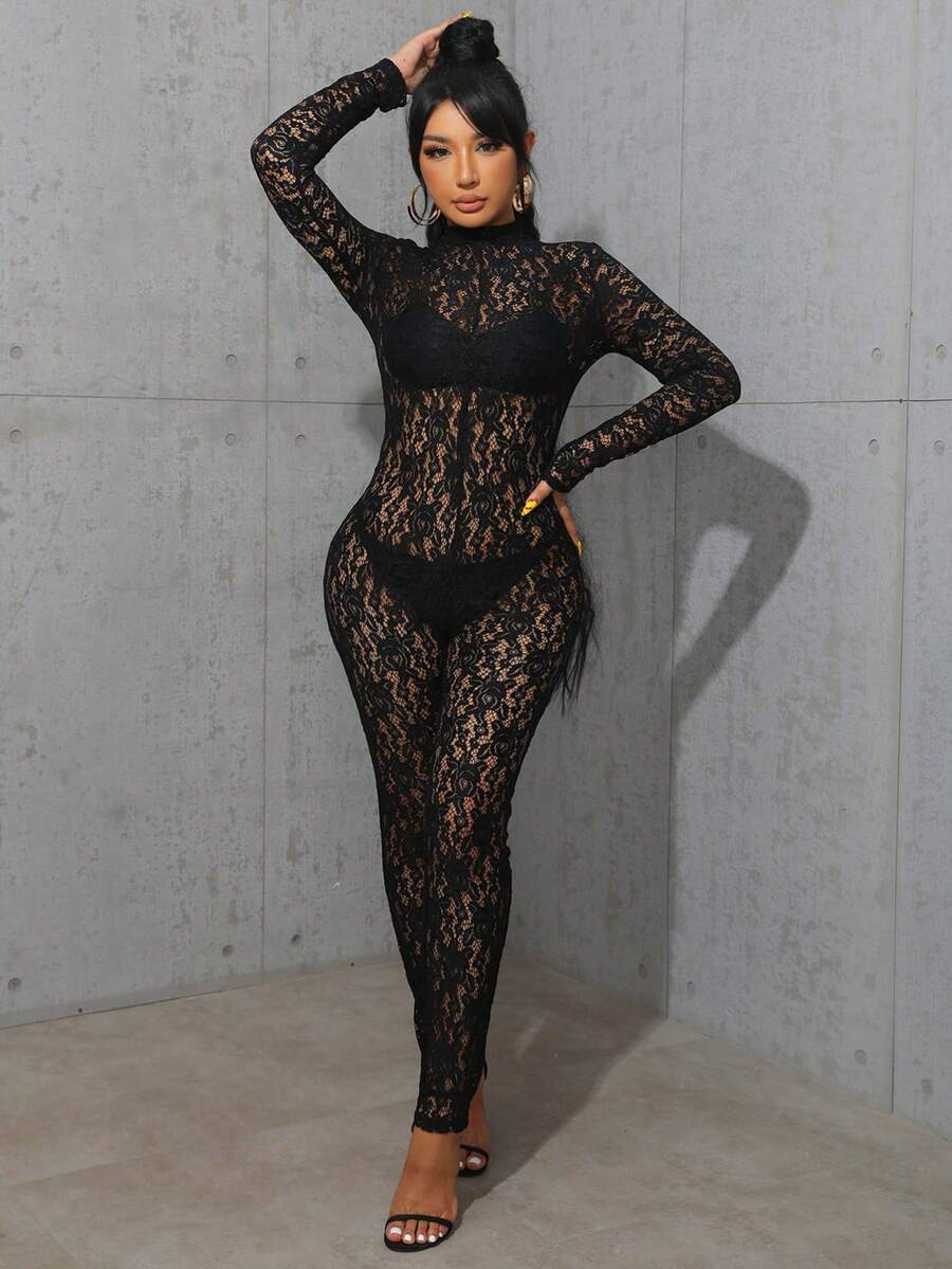 Mono De Encaje Con Cuello Alto Sin Conjunto De Lencería - Negro - Ver 1