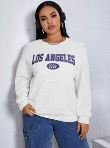 SHEIN EZwear 大碼字母圖案落肩運動衫 - 白色 - 查看 3