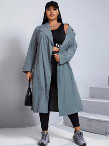 SHEIN X Galloways Plus Lapel Neck Belted Trench Coat - Dark Grey - View 5