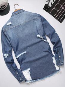 Manfinity Homme Men Ripped Frayed Raw Hem Denim Shirt Without Tee, Oversize Long Sleeve Button Up Blue  Rapper Denim Shirt - Medium Wash - View 2