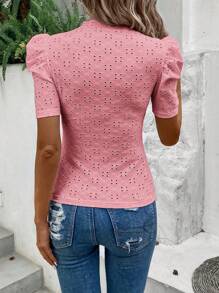 SHEIN Privé Lỗ gắn thêu Ống tay áo Cổ giả Áo thun - Màu Hồng  San hô - Xem 2