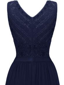 Lace Insert V Neck Maxi Party Dress - Navy Blue - View 4