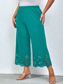 SHEIN Clasi Plus Laser Cut Out Wide Leg Pants - Green - View 4