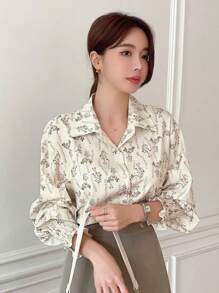 DAZY 植物印花喇叭袖衬衫长袖上衣度假装女装 - 彩色 - 查看 6