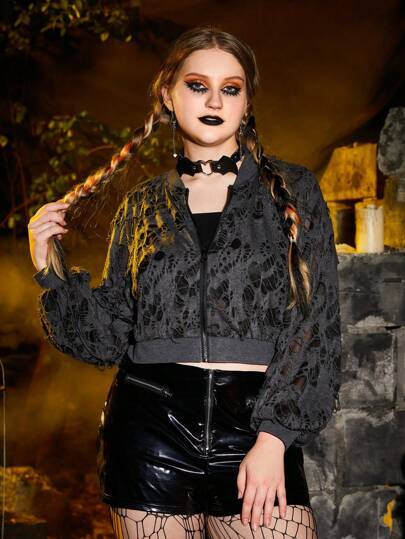 Plus Ripped Raglan Sleeve Crop Jacket