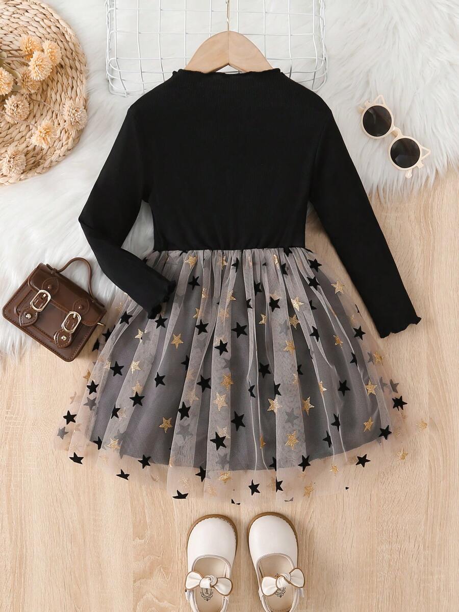 SHEIN Young Girl Star Mesh Overlay Lettuce Trim Dress