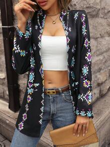 SHEIN LUNE Geo Print Open Front Coat - Black - View 8