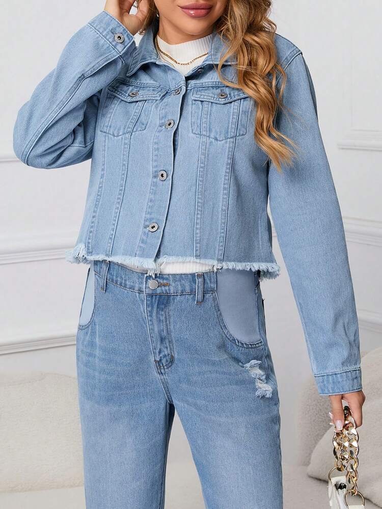 Maternity 1pc Flap Pocket Raw Hem Denim Jacket