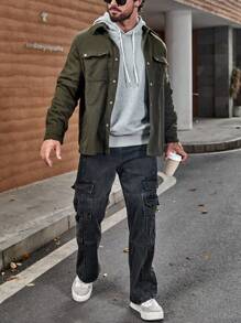 Manfinity Homme Lỏng lẻo phù hợp Nam Ngực đơn Áo khoác Với Túi có nắp - xanh quân đội - Xem 6