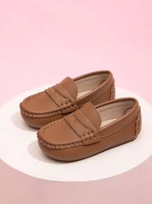 男孩簡約風和復古一腳蹬樂福鞋,舒服的運動PU皮革鞋 - 棕色 - 查看 5