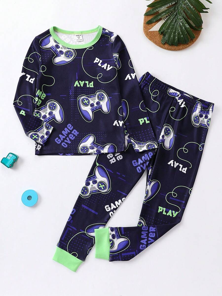 Chàng trai trẻ Điều khiển tay cầm & Đồ họa Chữ cái Vừa Khít Bộ PJ - Xanh đậm - Xem 1