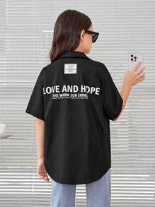 SHEIN 女大童標語圖案落肩袖襯衫 - 黑色 - 查看 1