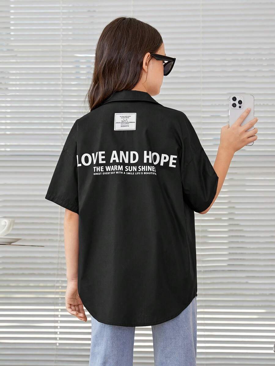 SHEIN 女大童標語圖案落肩袖襯衫 - 黑色 - 查看 1