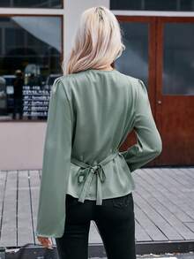 SHEIN Clasi cổ áo xếp nếp Chất rắn Áo sơ mi - Màu xanh Bạc hà - Xem 3