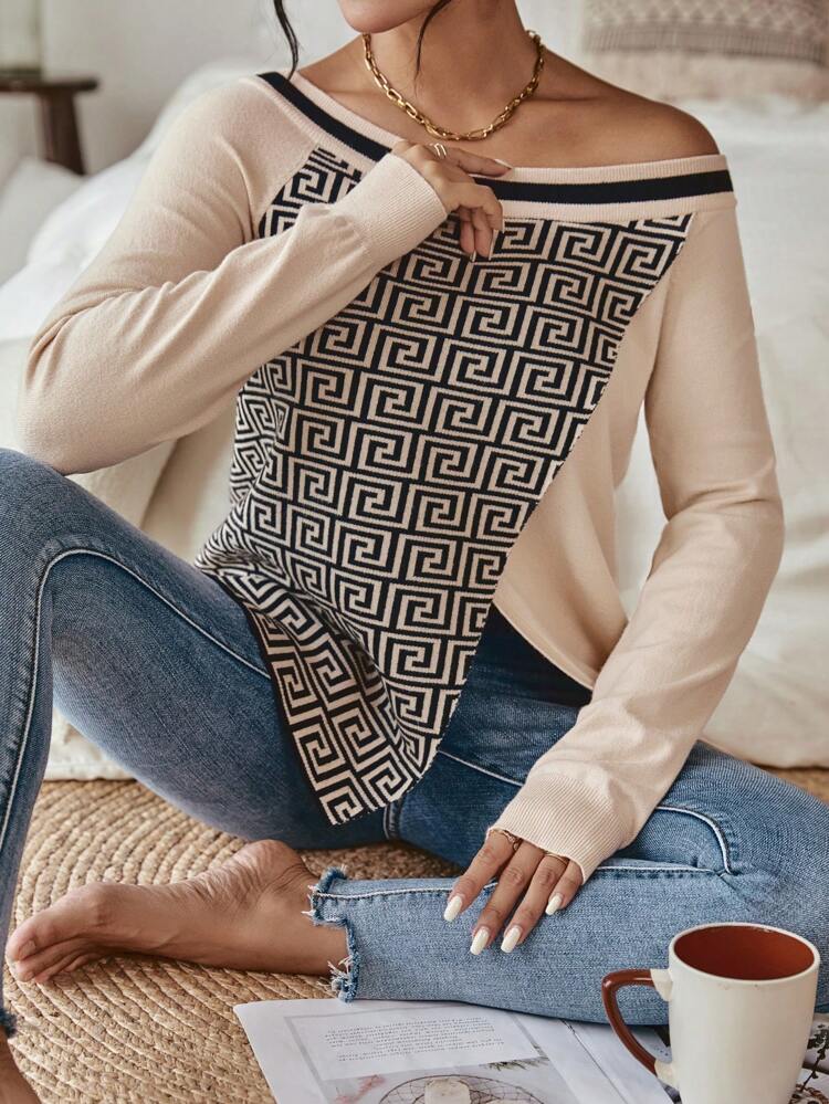 Geo Pattern Striped Trim Off Shoulder Sweater