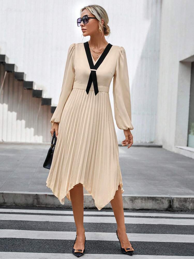 Lantern Sleeve Pleated Hanky Hem Dress