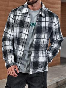 Manfinity Homme Men's Loose Fit Plaid Print Zip Up Overcoat - Black and White - View 6