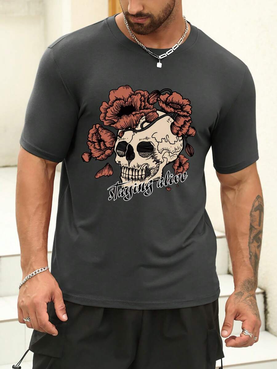 Men Skull & Floral Print Tee - Dark Grey - View 1